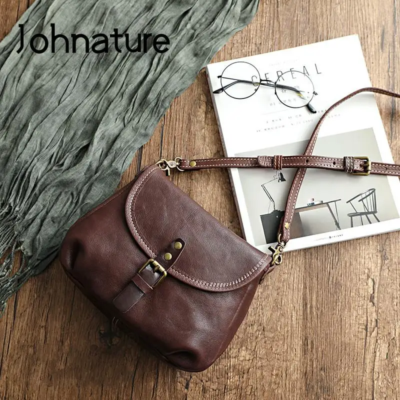 Johnature Retro Genuine Leather Women Summer Small Bag 2024 New Simple Leisure Nature Cowhide Female Shoulder & Crossbody Bags