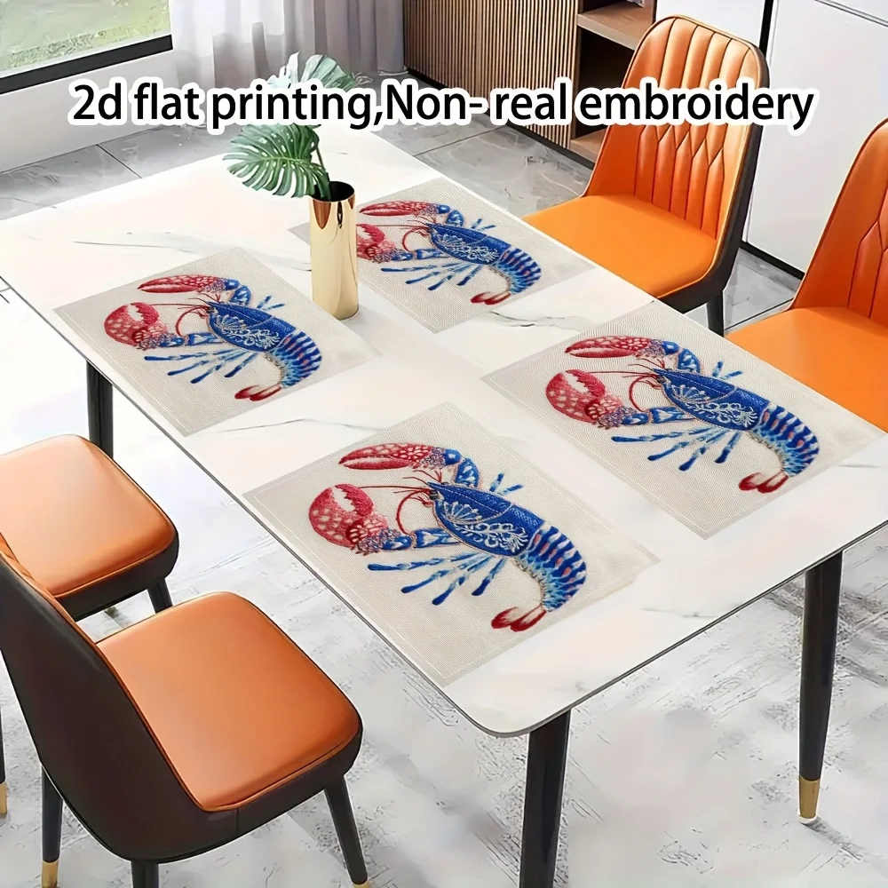 2D Flat Lobster Placemats Set of 4 Seafood Theme Red Blue Crab Print Table Mats Linen Decor for Coastal Kitchen Beach House
