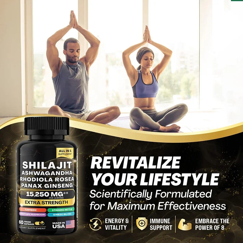 15250mg Pure Shilajit Himalayan Capsules with Maca Ginseng Ashwagandha Turmeric, Energy Supplement Muscle Mass Endurance