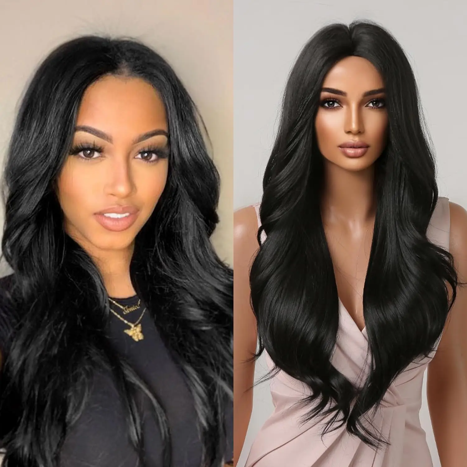 باروكات صناعية طويلة سوداء مموجة للنساء، شعر مستعار مجعد في الجزء الأوسط، ألياف مقاومة للحرارة ذات مظهر طبيعي للحفلات اليومية #1