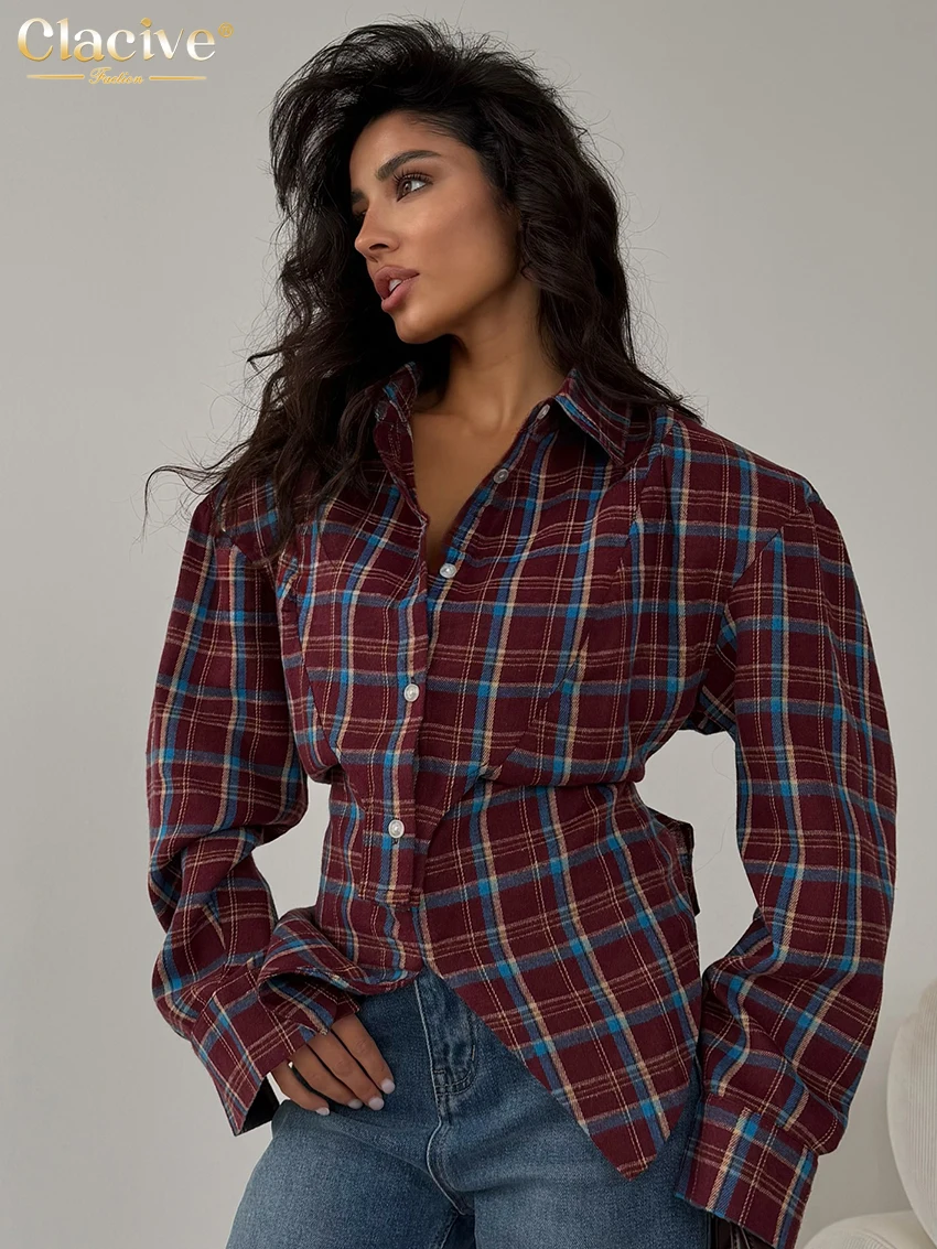 Clacive ファッションルーズチェック柄女性のブラウス 2026 ヴィンテージラペル長袖シャツエレガントなクラシックレースアップトップ女性服