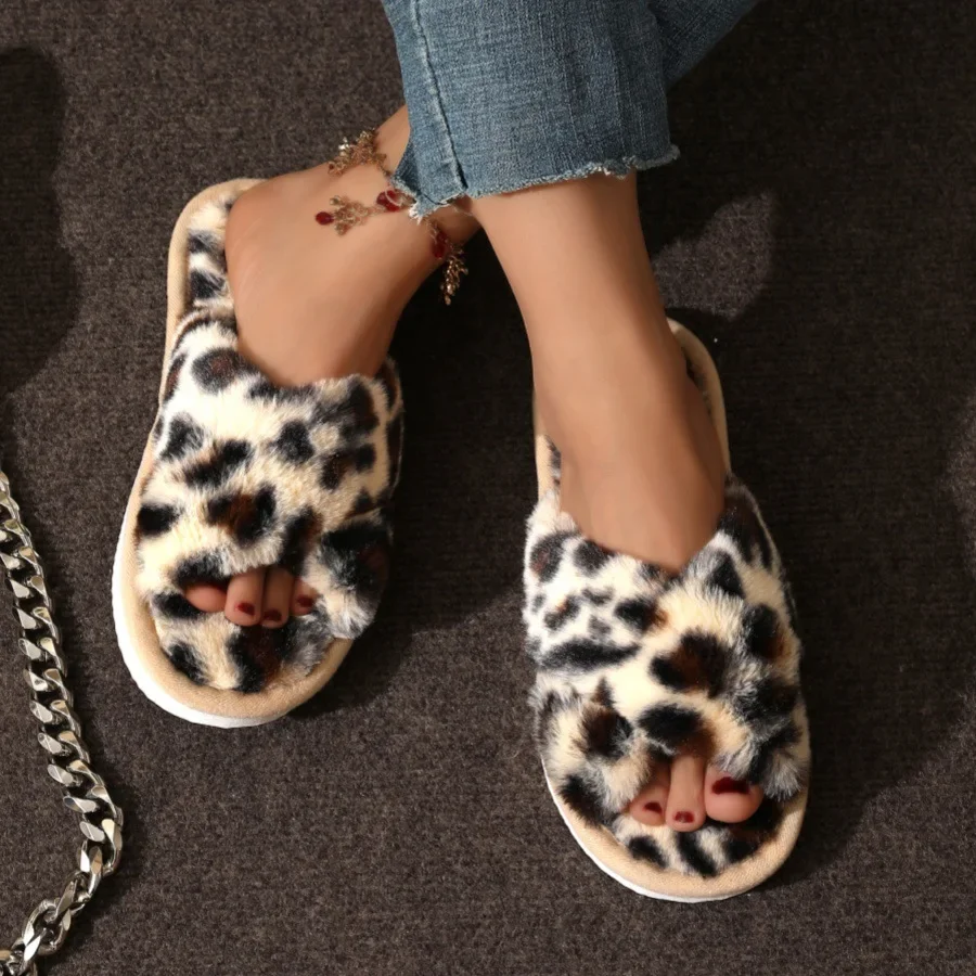 

Leopard Print Slippers Winter Autumn Fashion Trend Cotton Fur Women Slides Indoor Warm Living Room Home Flip Flops Lady Slippers