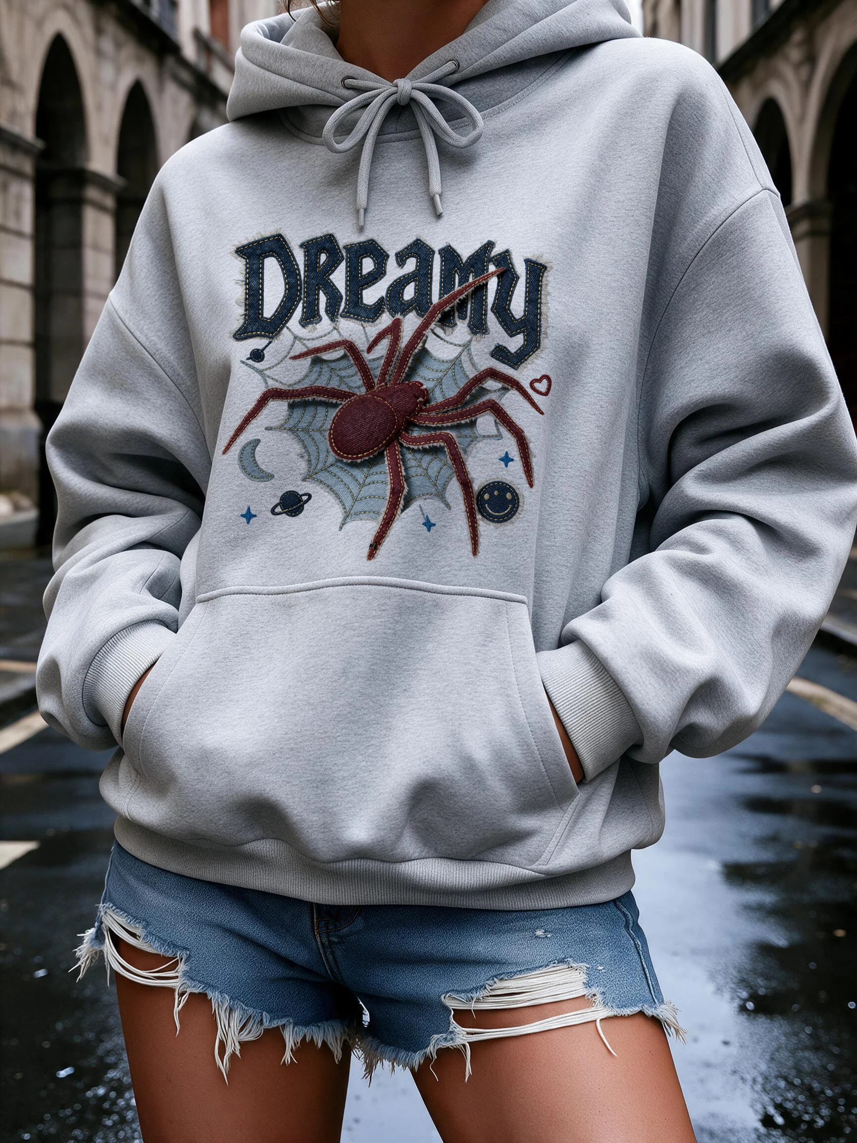 Women's Long Sleeve Hoodies Vintage Casual Hooded Retro Spider Print Sweatshirts with Design of Imitation Denim Fabric Clothes