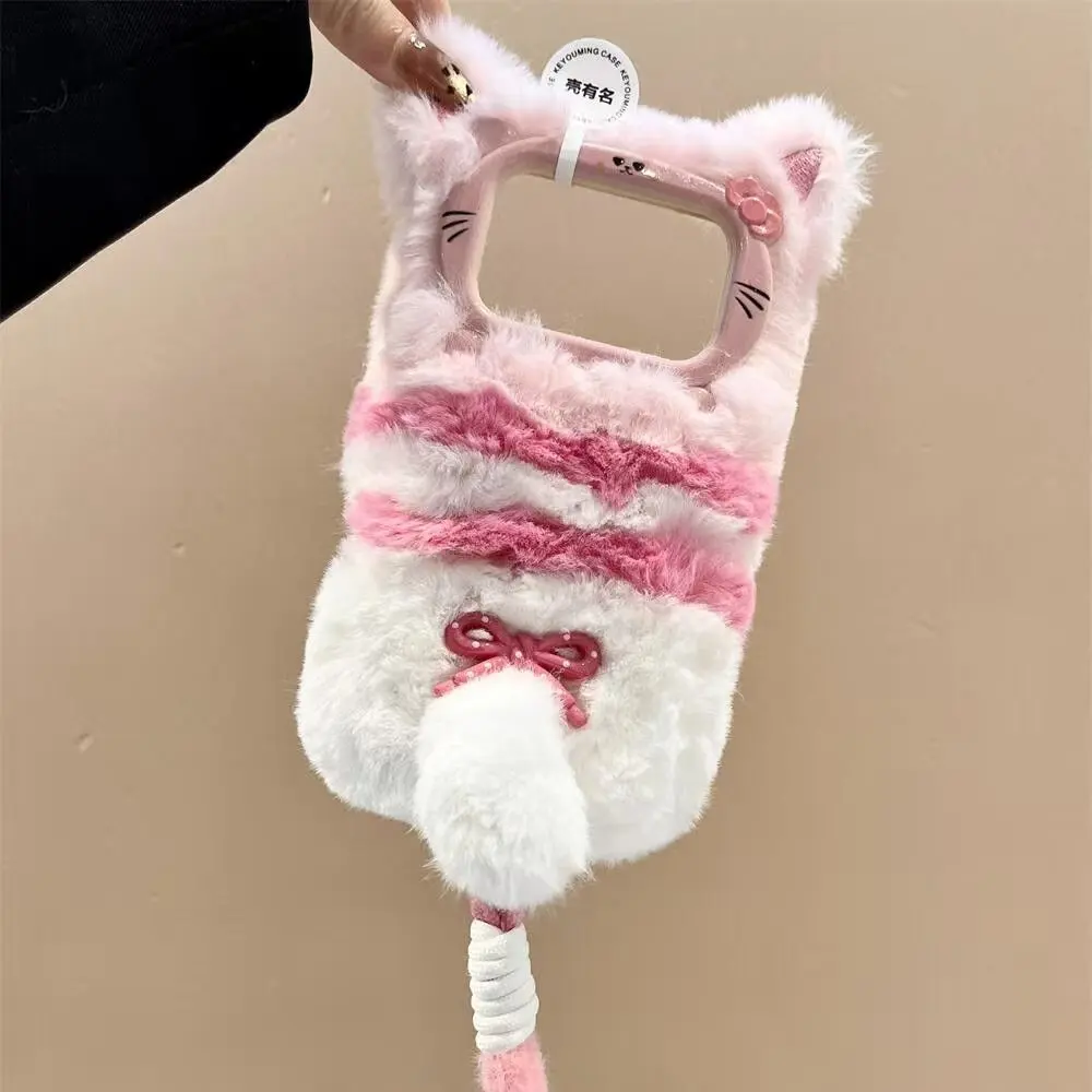 

Sweet Bow Plush Tail Phone Case for IPhone15/16/17 Anti-fall Three-dimensional Cat Internet Celebrity Style Protective Case