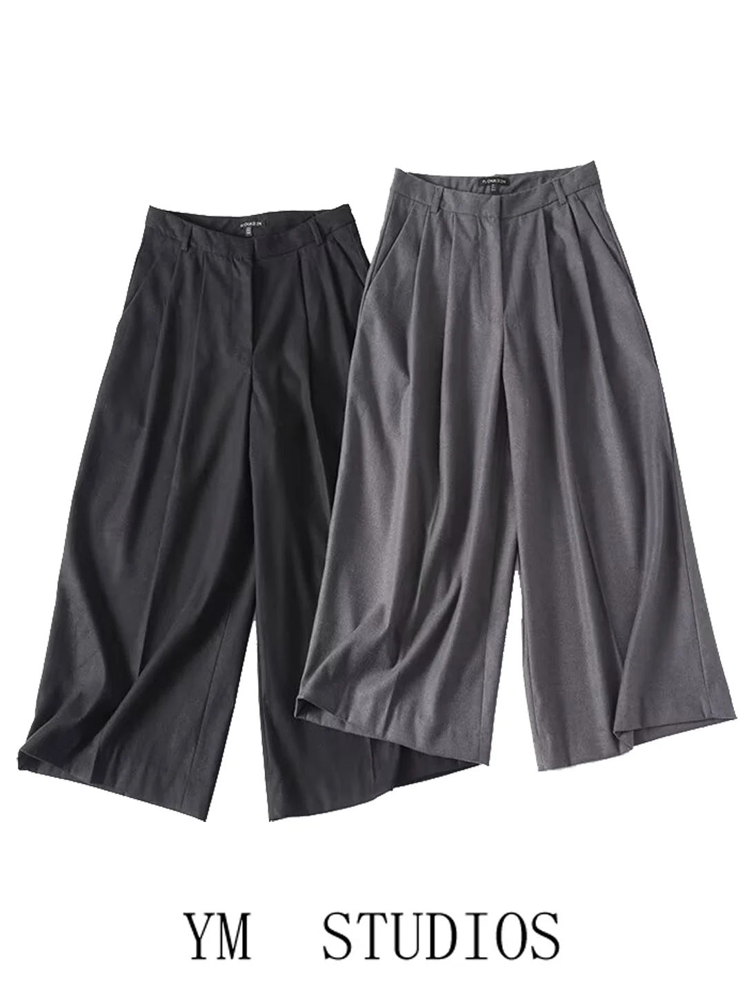 

Modern High Waist Wide Leg Pants Women's Elegant Folded Seven-Foot Pants Simple Office Commute Polyester Non-Stretchy