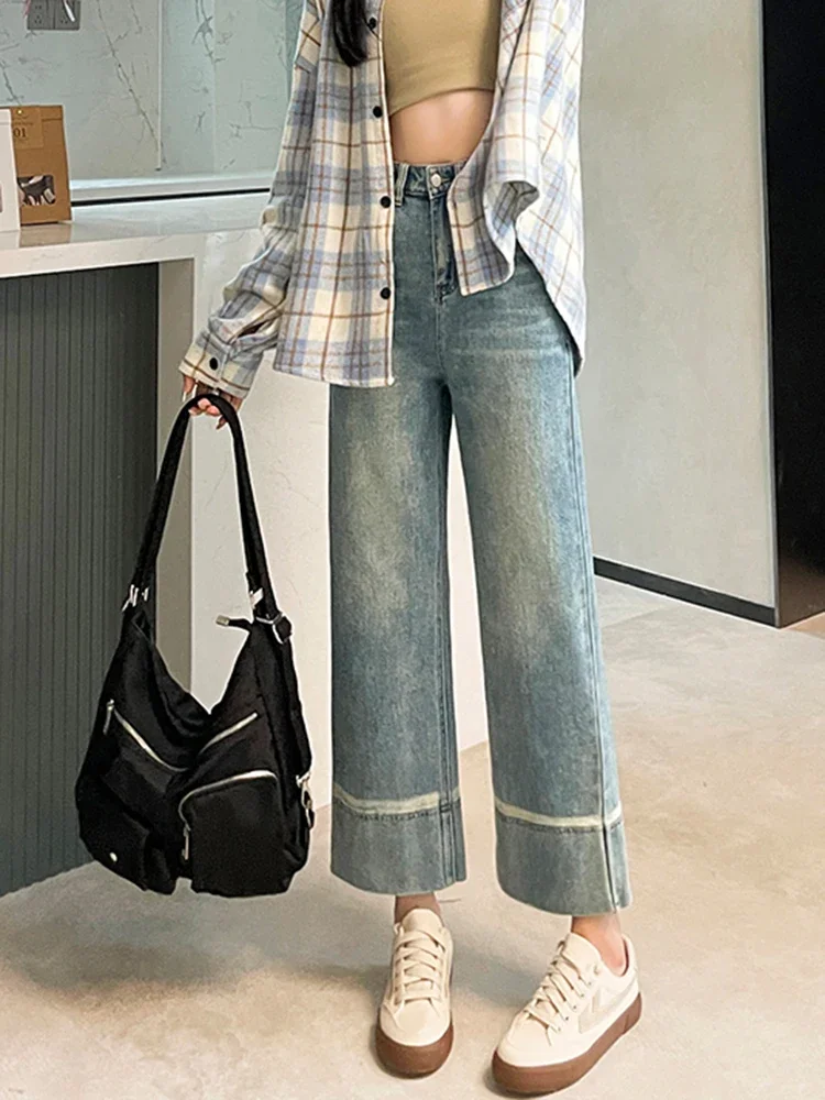 Summer Street Vintage Casual Chicly Elastic Baggy Jeans Women Fashion High Waist Simple Washed Distressed Female Wide Leg Pants