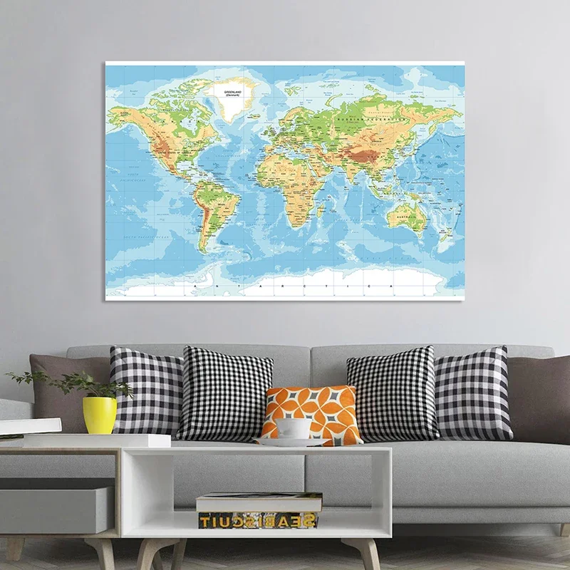 Duży plakat 150 * 100 cm Mapa terenowa świata Malarstwo na płótnie Edukacja Artykuły szkolne Wystrój domu Vintage Decoración