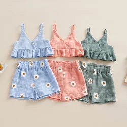 2023-04-28 Lioraitiin 0-4Years Toddler Girls Summer 2PCS Outfit Sets Solid Color Ruffle Sling Vest Floral Daisy Shorts