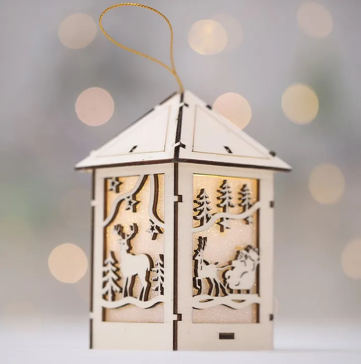 

Wooden Christmas Decor Lighted Cabin House Xmas Tree Pendant Hanging Christmas Ornaments Holiday Home Decoration