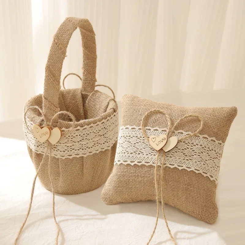 1pc Rustic Burlap Flower Girl Baskets Burlap Ring Bearer Pillows Petals Basket for Vintage Wedding Ceremony Heart Ring Holder