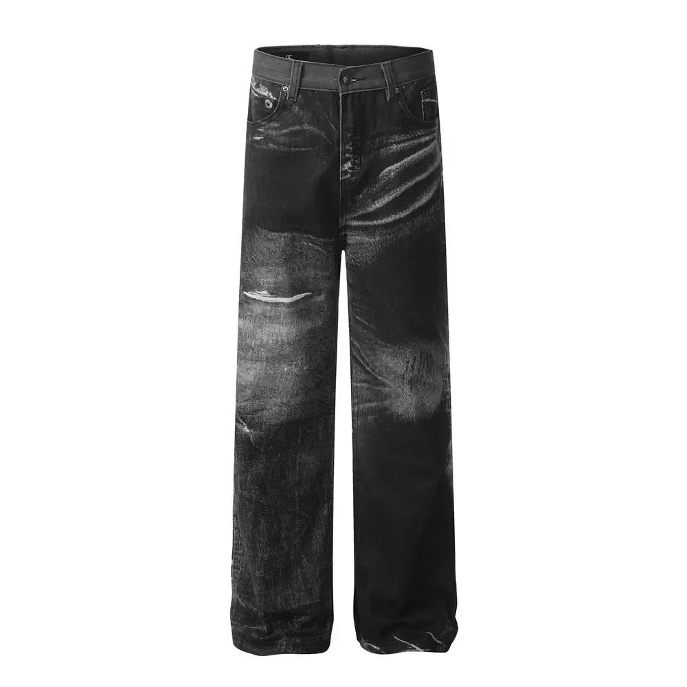 European and American Punk Wasteland Spray-painted Jeans, Men's Casual Loose Spliced Niche Straight-leg Long Pants.