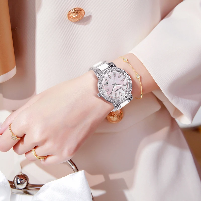 ROMITIME Luxury Women Quartz Watch Mother-of-Pearl Dial Calendar Diamond-set Bezel Leisure Luminous 30M Waterproof Lady Watches