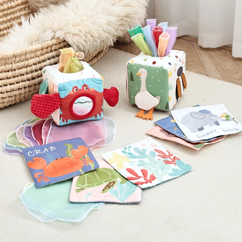Doek Boek Babyspeelgoed Magische Tissue Box Katoen Vinger Oefenen Montessori Druk Bordspel Educatief Speelgoed Zachte Rammelaar Spel Oceaan
