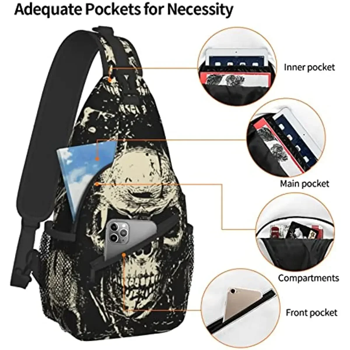 Mochila Crossbody Sling para homens e mulheres, Bolsa de ombro para adolescentes, Sacos Peito, Caveira de Açúcar, Viagem, Mochila para caminhadas