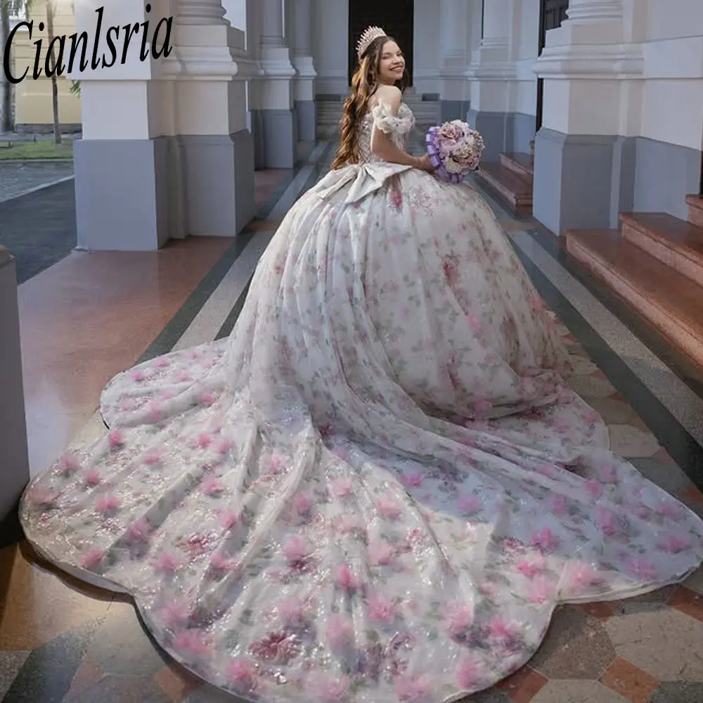 

Gorgeous Floral Printing Bow Quinceanera Dresses Ball Gown Off The Shoulder 3D Flowers Sweet 15 Años Mexican Customized