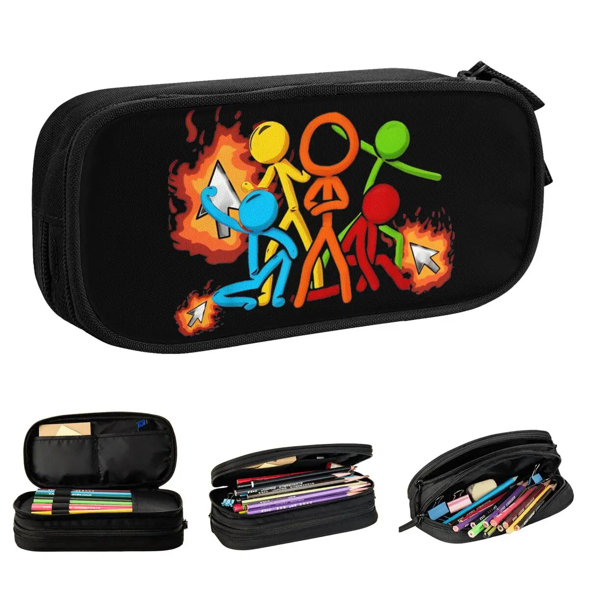 Alan Becker Five Stick Figures With Fire Mouse Pickaxe Pencil Case Lovely Pen Box Bag Large Storage Office Cosmetic Pencilcases