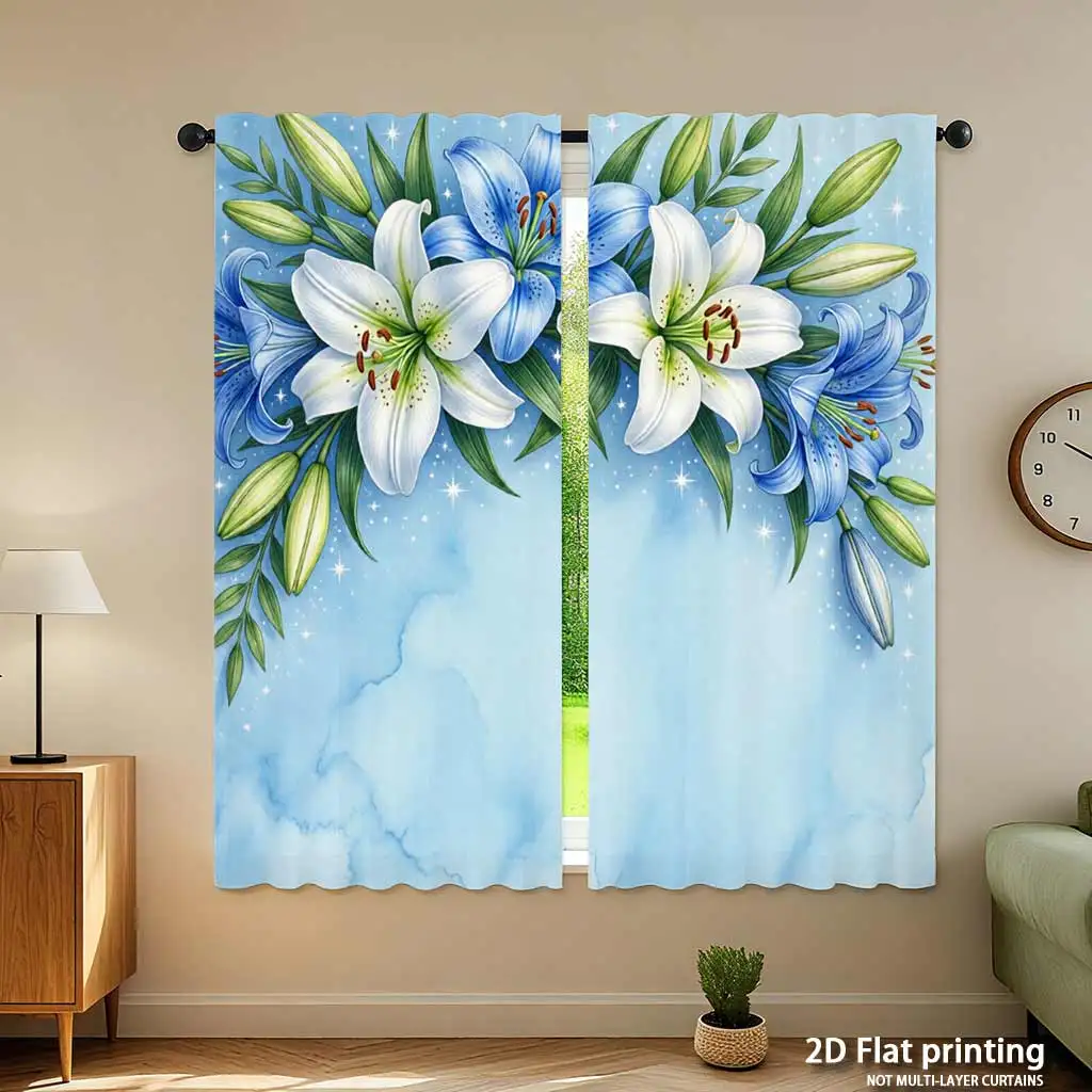 Blue Floral Lilies Curtain Spring Botanical Watercolor Garden Design Window Drapes Curtains Panels Home Decor