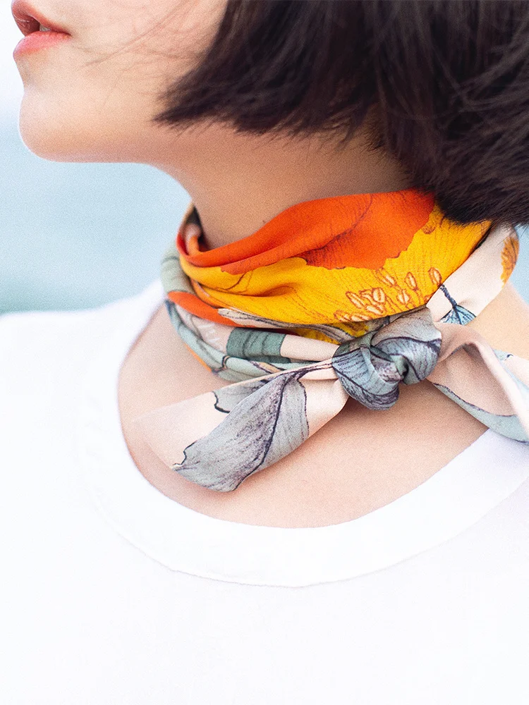 

Elegant Long Rectangle Silk Scarf with Iris Print Satin Silk Chiffon Hairband for Spring Autumn Youth Middle Age Elderly Women