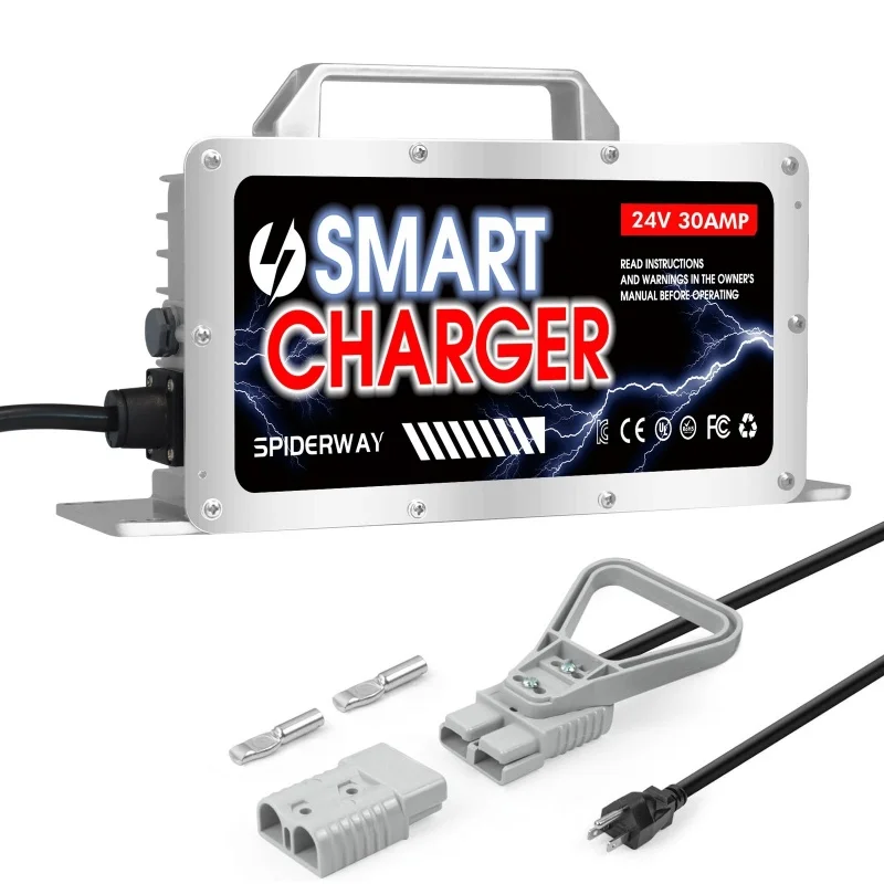 24V 30A Forklift Battery Charger w/ Anderson Plug for Toyota Hyster Crown, 1400W IP67 Waterproof Smart Lead-Acid Charger