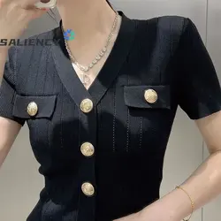 Spring/summer 2023 New Elegant Solid Knitted Short-sleeved Cardigan Blouse  Gold Button V-neck Vintage Short Slim Tops