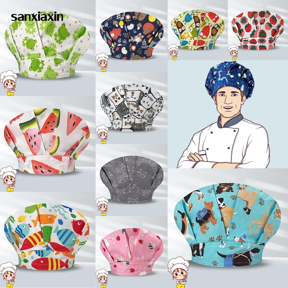 Men Women Cartoon Print Chef Hat Restaurant Kitchen Cooking Work Dust Hats Hotel Bakey Cafe Waiter Breathable Cap Lab Head Over