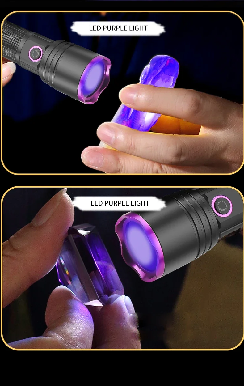 Powerful 80W UV Flashlight 365nm Type-C Black Mirror Purple Light Pet Urine Stain Detection Torch UV Anti-counterfeiting Lantern