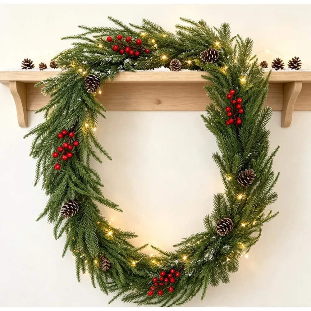 Pine Berry Rattan Garland for Indoor Holiday Decor with Pine Cones Red Berries and Lifelike Texture Suitable for Mantel Wall