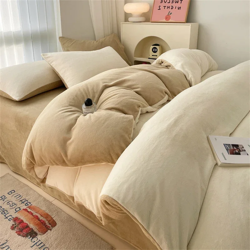 

Thick Flannel Bedding Set Winter Warm Coral Velvet Duvet Cover Sheet Home Textiles Single Double Queen King Size Quilt Cover 이불