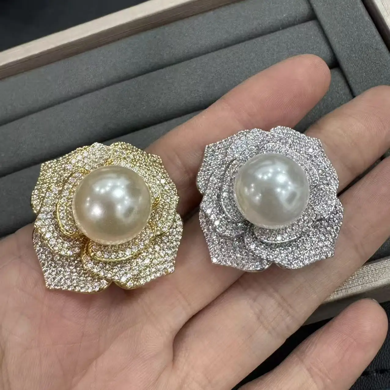 

fashion shiny cubic zirconia earrings for women jewelry gala event dinner party gold silver color flower rose opening ring gift