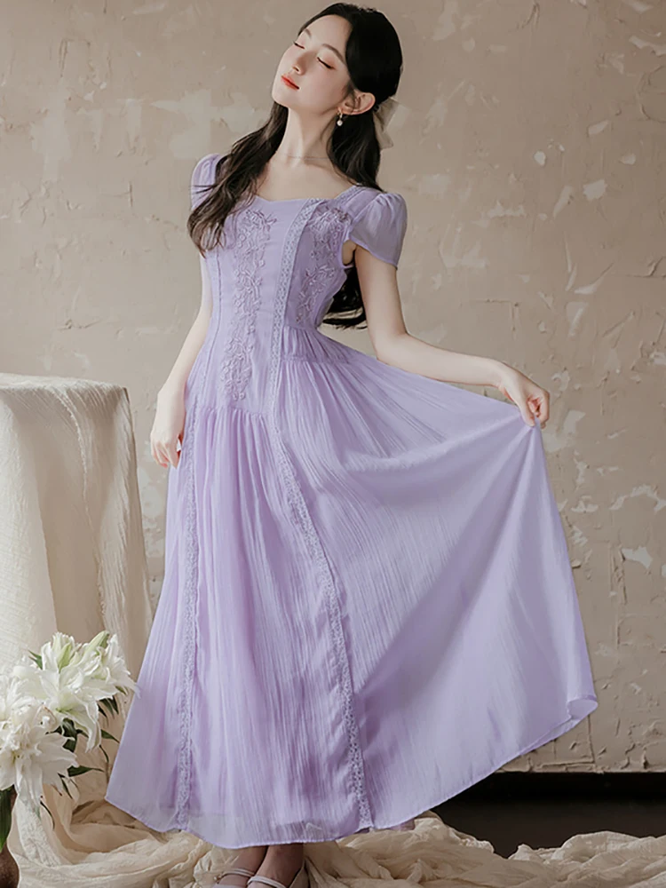 

Women Purple Embroidry Floral Chic Lace Elegant Dress 2026 New Square Collar Bow Bandage Dress Summer Korean Bodycon Party Dress