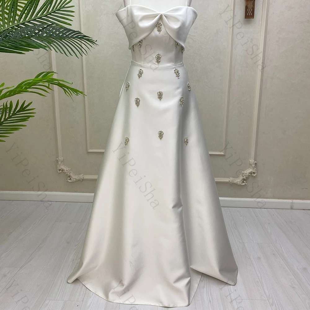 

Customized A-line Evening Dresses Floor-length Strapless Sleeveless Prom Gown Fashion Crystal Simple Draped Backless Party Gown