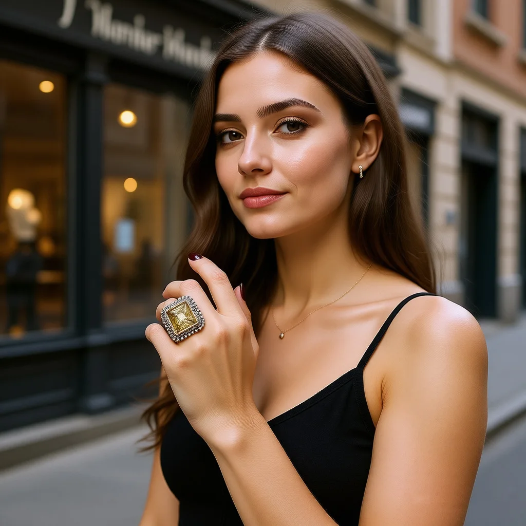 Retro Distressed Square Yellow Crystal Ring European American Style Exaggerated Design Jewelry