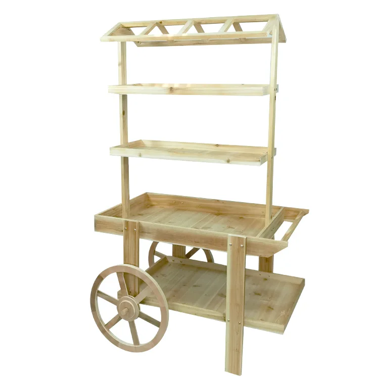 Hausgarten Außendekoration Terrasse Holzwagen Blumentopf Rädern Garten Display Blumen Pflanzenwagen