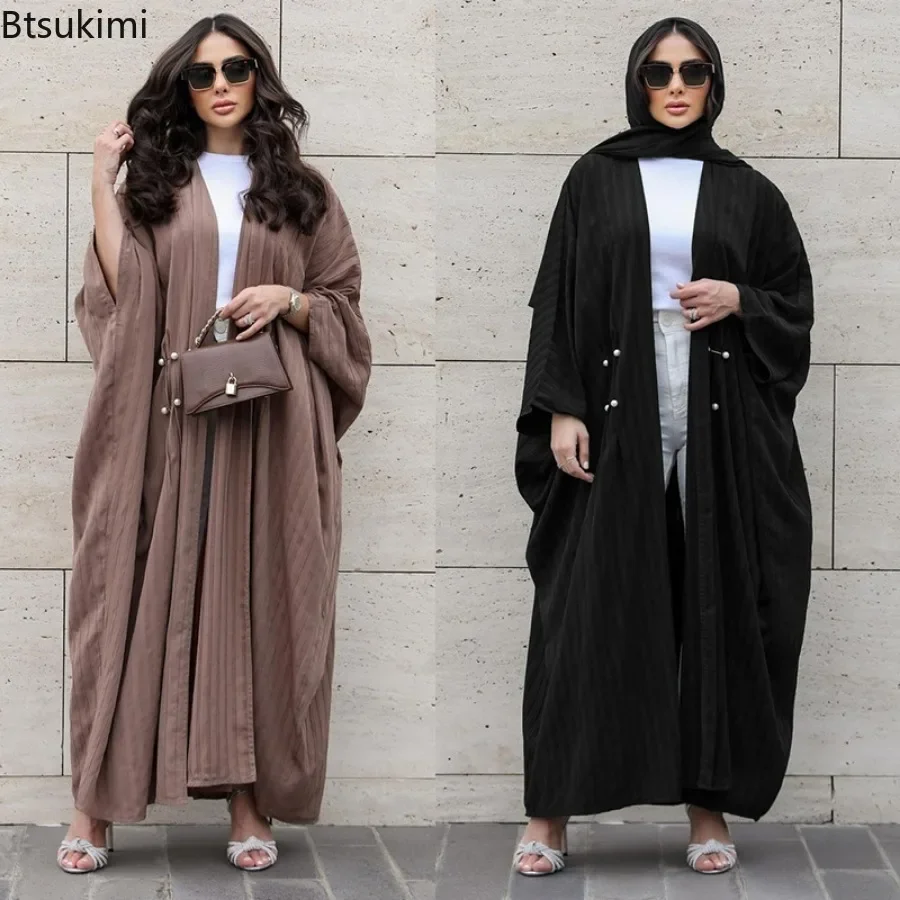 

Fashion Muslim Abaya for Women Bat Sleeve Striped Pearl Muslim Outerwear Cardigan Morocco Party Dresses Modest Long Robe Vestido