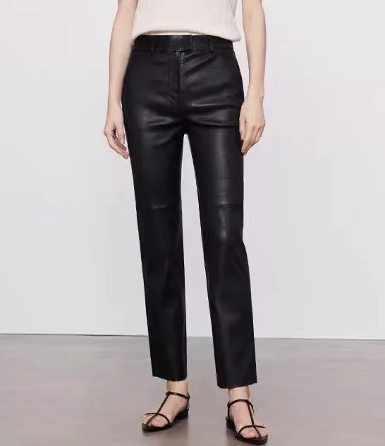 

2024 New Style Women Elastic Slim Genuine Sheepskin Leather Nine Point Casual Pencil Pants