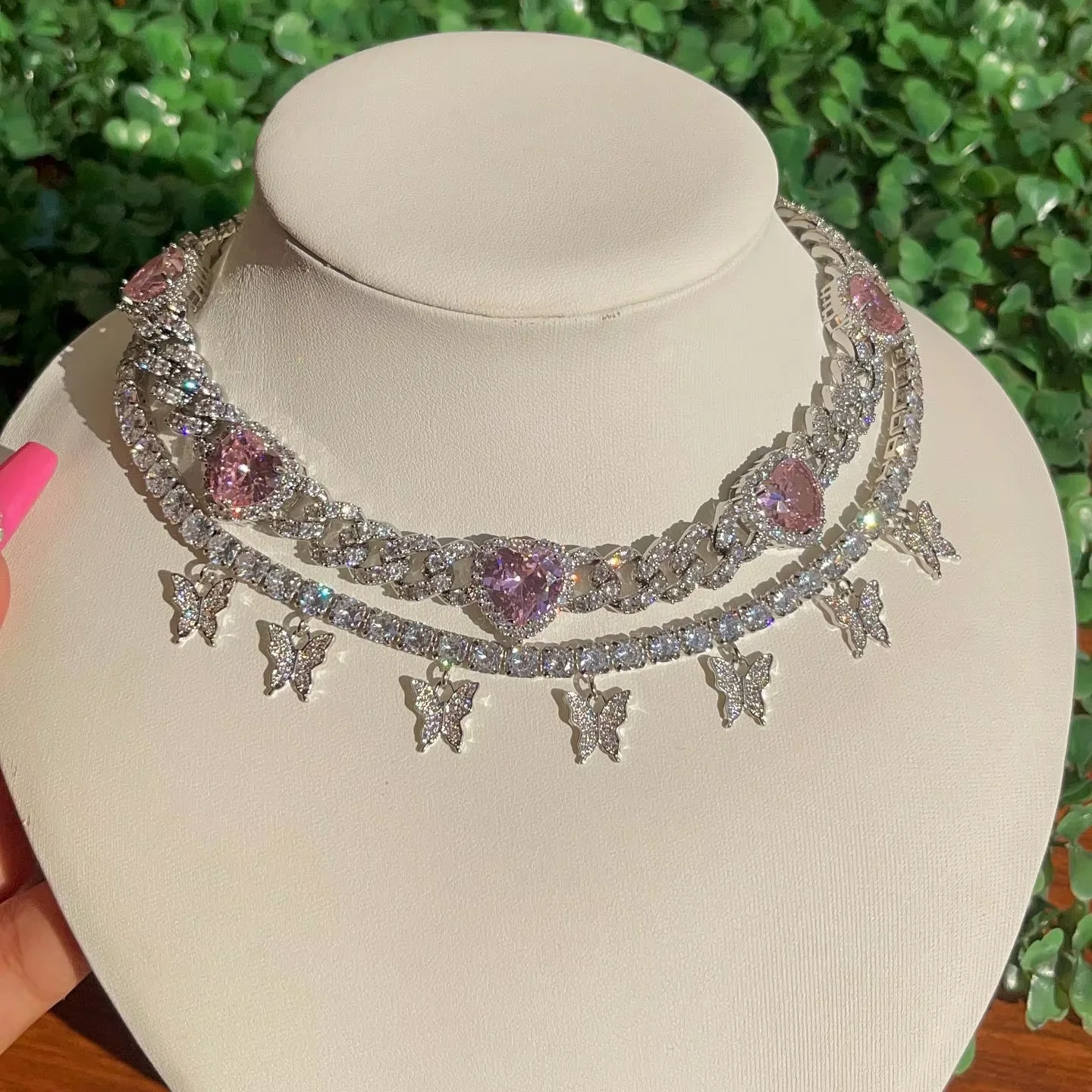 

New Iced Out Bling Cubic Zirconia 11mm Miami Cuban Link Chain Hearts Necklace Pink Heart CZ Charm Jewelry wedding party For Wome