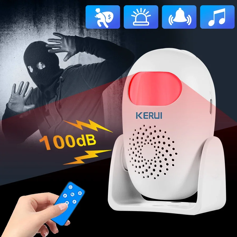 كاشف حركة KERUI PIR مع إنذار وصوت 100 ديسيبل، مستشعر حركة LED، كاشف إنذار ترحيب بالأشعة تحت الحمراء، إنذار ضد السرقة اللاسلكي