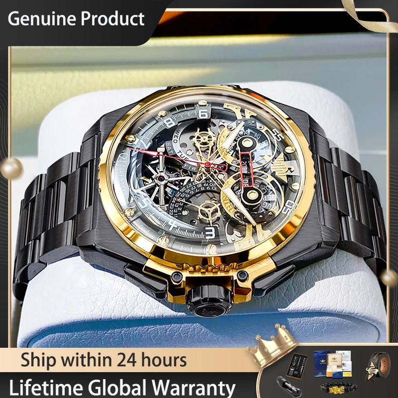 

OUPINKE 3266 Мужские часы Скелет Полностью автоматические механические часы ﻿ Водонепроницаемые часы из вольфрамовой стали, итальянский оригинальный дизайн