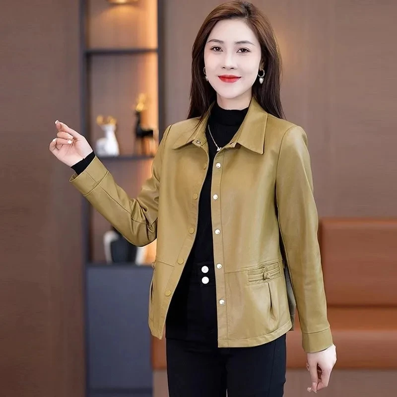 2024 Women Short Leather Jacket Coat Spring Autumn Female Fashion Maillard Leather Jacket Tops Korean Lady Loose Leather Jacket