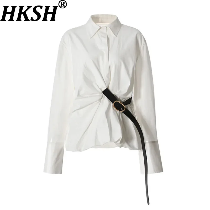 

Женская блузка HKSH с цветовыми блоками, поясом на талии, плиссировкой, длинными рукавами, элегантная офисная блузка, новинка весна-лето HK11213