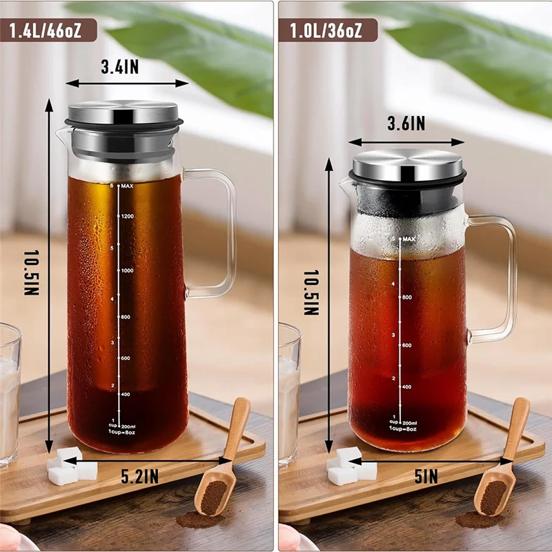 

L56A-Кофеварка холодного заваривания, 36 унций, кувшин для кофе со льдом из стекла и нержавеющей стали с ручкой и двухслойным мелким сетчатым фильтром