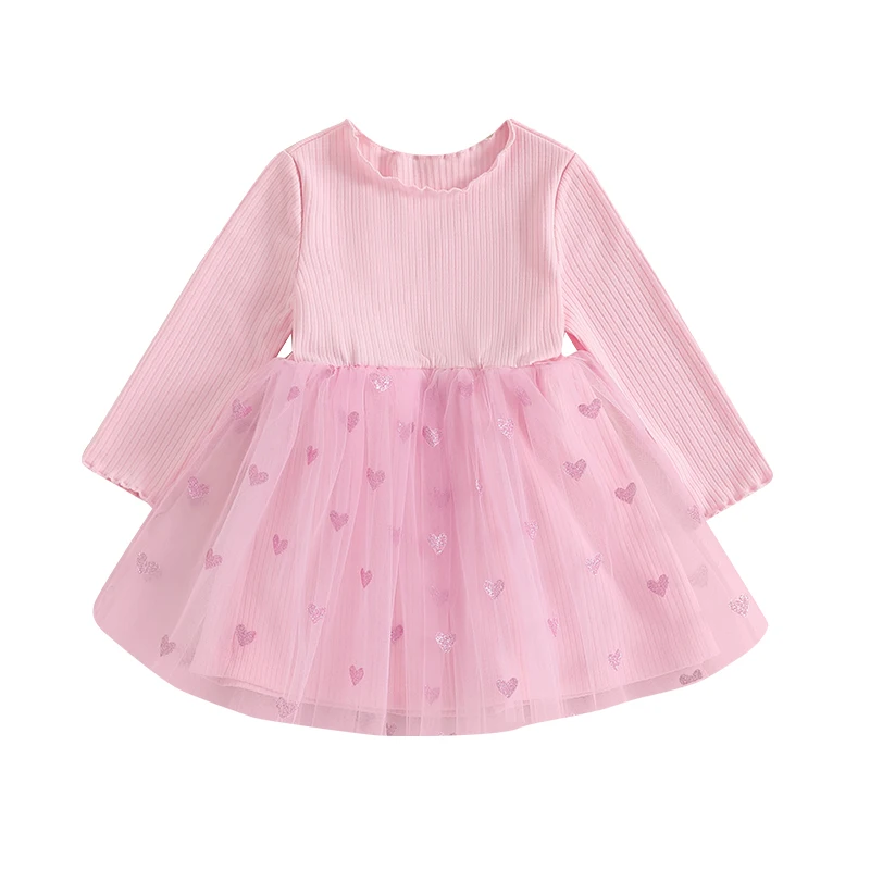 Toddler Girls Valentine s Day Dress Heart Print Layered Mesh Long Sleeve Casual Dress Kids Princess Dress