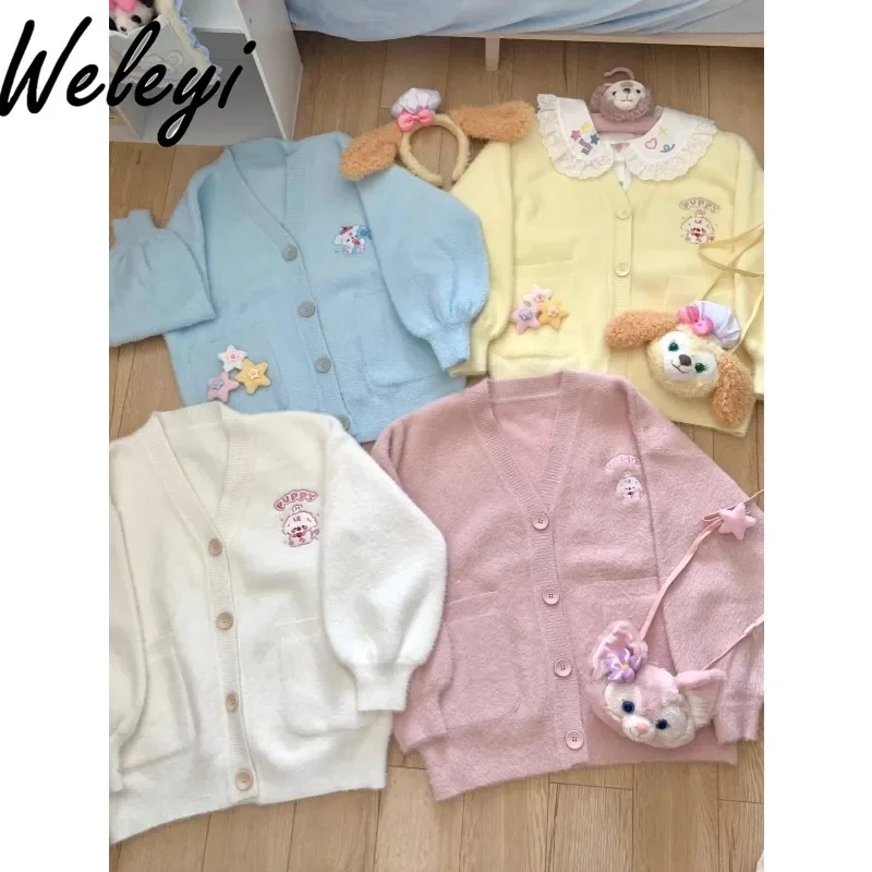 Japanese Cute Jiraii Kei Fluffy Knitted Pulls Top Autumn and Winter New Y2k Sweet Embroidered Long Sleeve Knit Cardigans Student