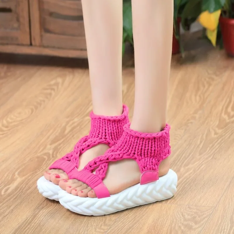 Sandals Women Summer 2024 Women Fashion Sexy Beach Wear Flat Shoes Solid Color Braided Knit  Cutout Platform Sandals