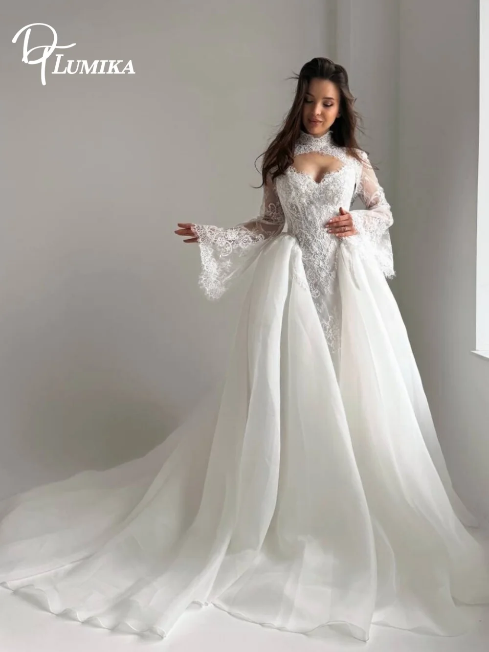 Romantic Bohemian High Neck Lace Wedding Dress 2027 Bell Flare Long Sleeve Corset Bridal Gown Vestidos De Novia свадебное платье
