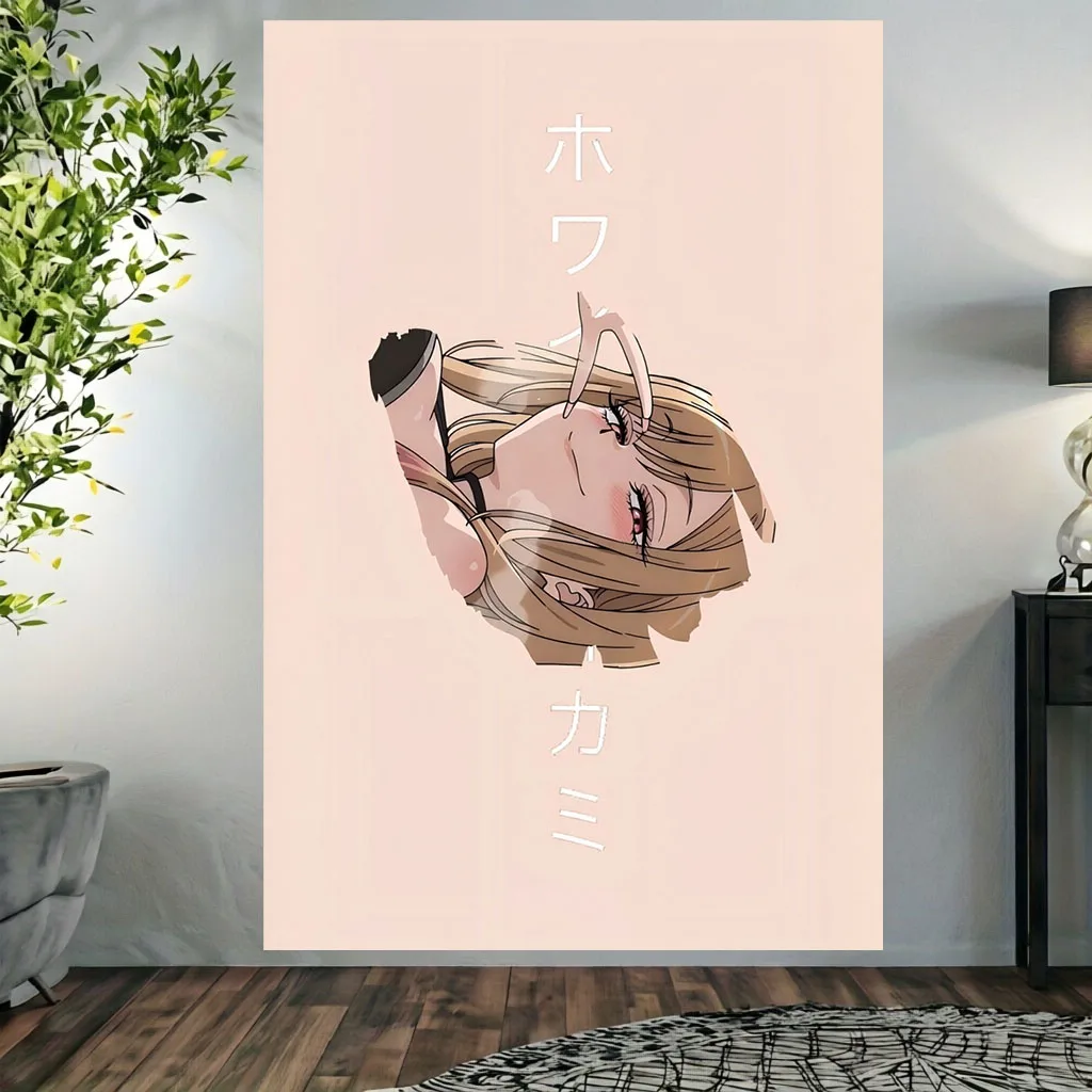 Retro Aesthetic Anime Girl Tapestry, Minimal Japanese Text Pastel Pink Background Cool Manga Art Wall Hanging, Dorm Bedroom Deco