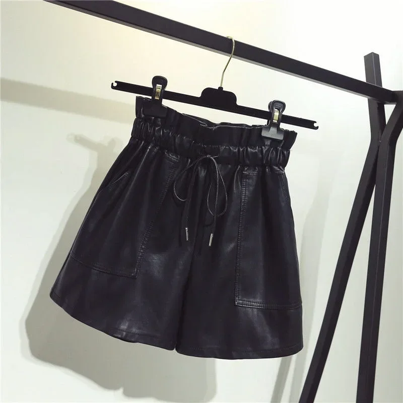 New High Waist Laced Up Shorts Flower Bud Wide Leg Leather Shorts Autumn Winter Korean Loose High Street Black Sexy Women Shorts