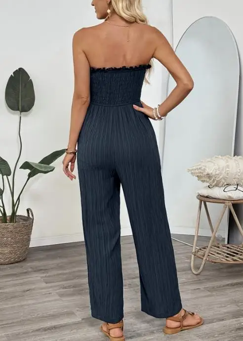

Jumpsuit Women 2026 New Spring Autumn Casual Solid Color Strapless Backless High Waist Pocket Design Wide Leg Jumpsuit