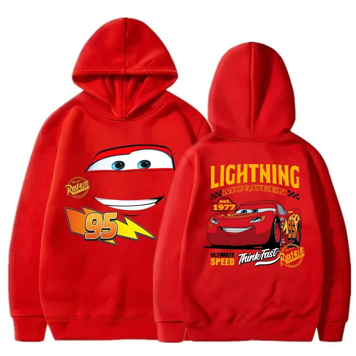 سويت شيرت بغطاء للرأس مطبوع عليه سيارة Lightning McQueen Fun، بلوفر نسائي كاجوال أنيق للخريف/الشتاء، نسيج قطني نقي