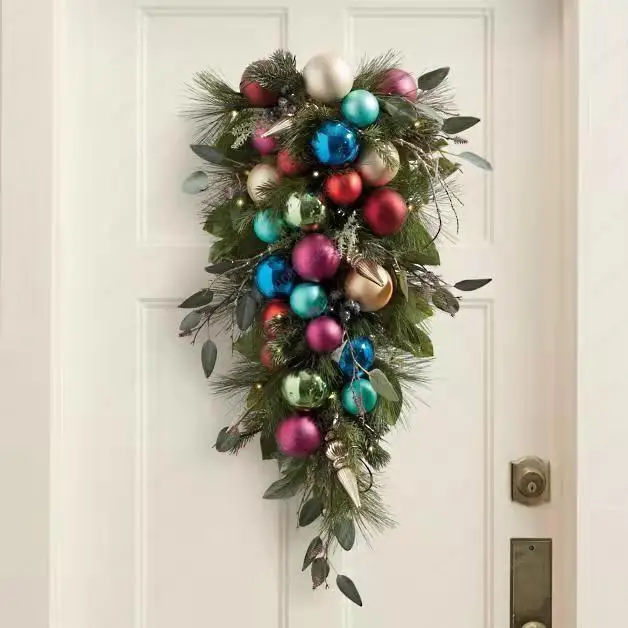Christmas decorative colored ball wreath horn rattan American upside down tree door arrangement pendant